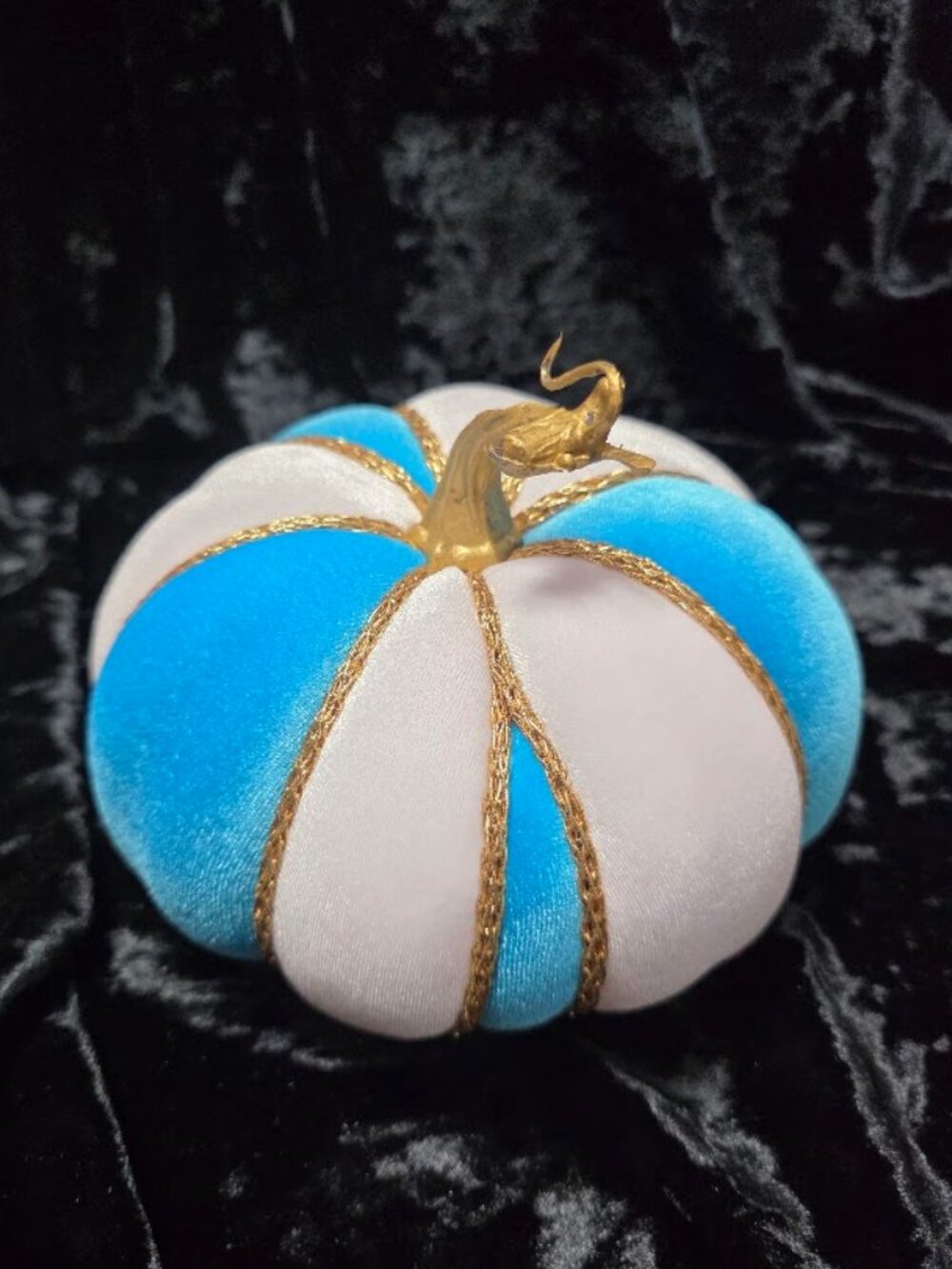 Turquoise Blue and White Velvet Pumpkin, Gold Cord Trim, Handcrafted